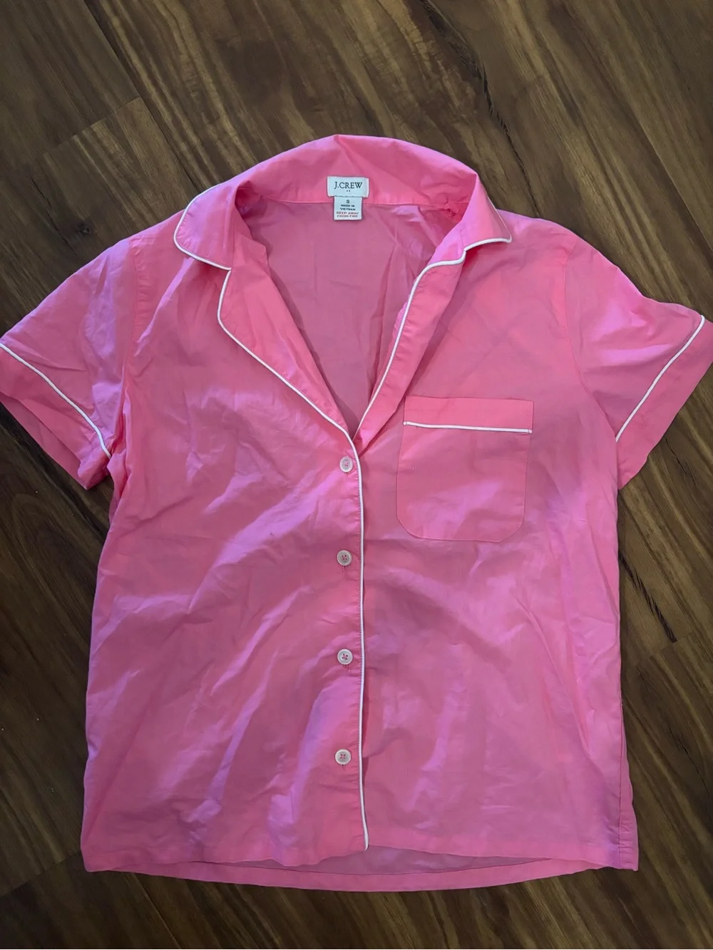 J. Crew Pink Short-Sleeve Cotton Pajama Top with White Piping